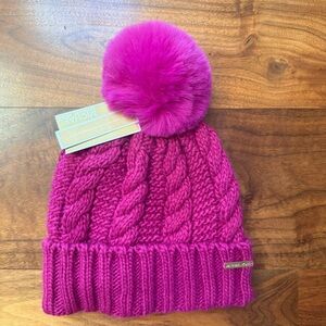 Michael Kors Fuchsia Chunky Cable Knit Winter Hat with Faux Fur Pom OS